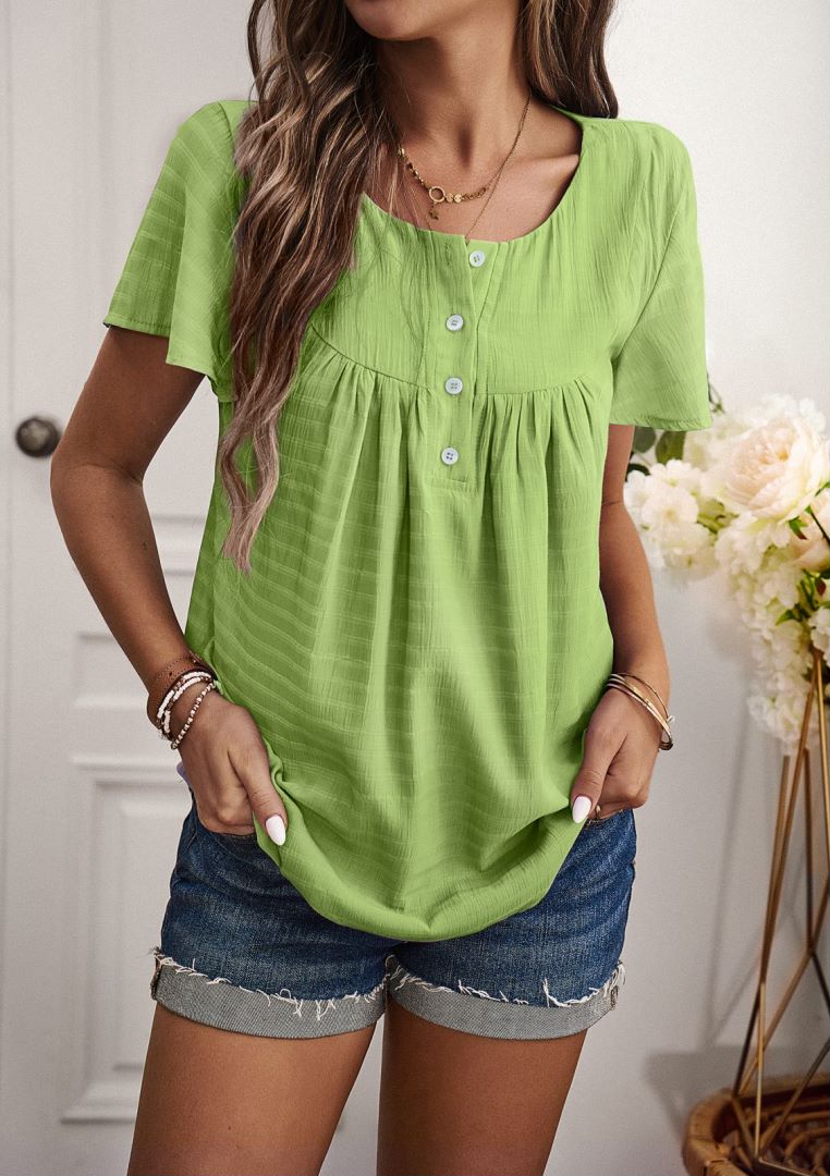 Round Neck Button Textured Top