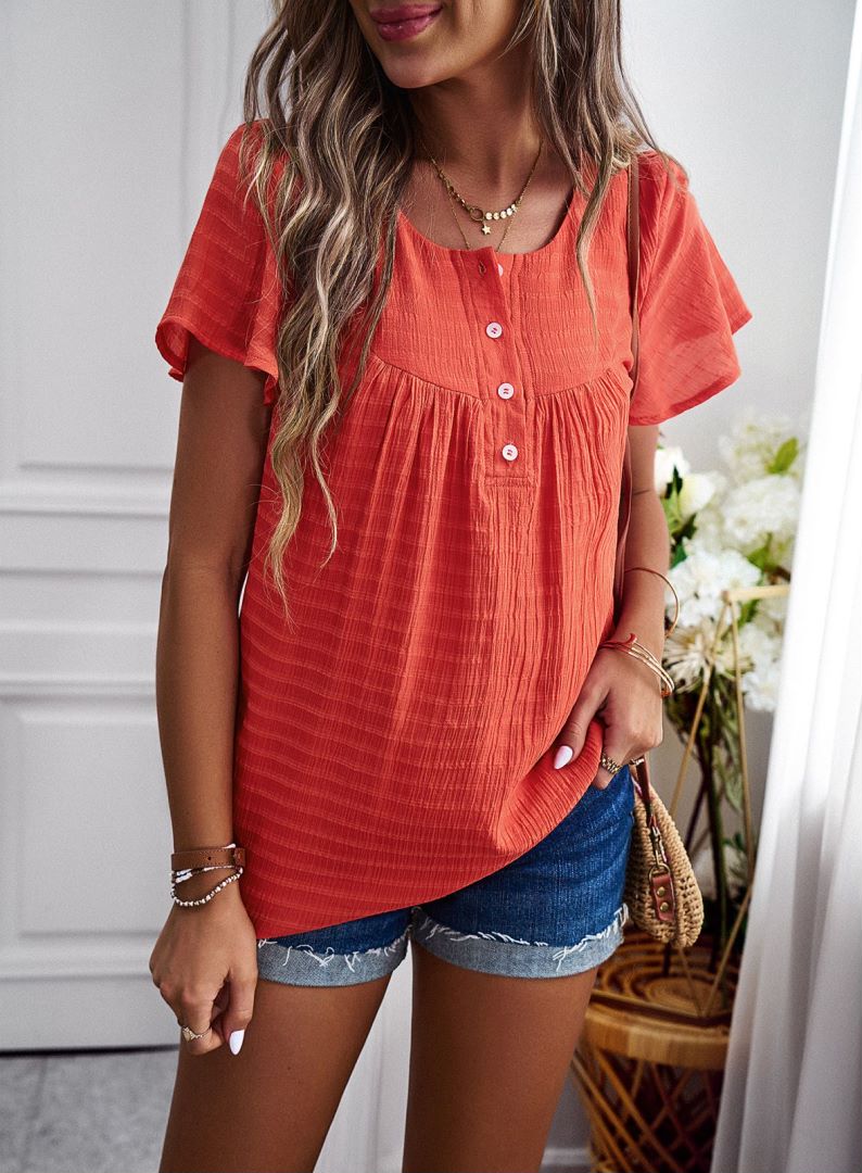 Round Neck Button Textured Top