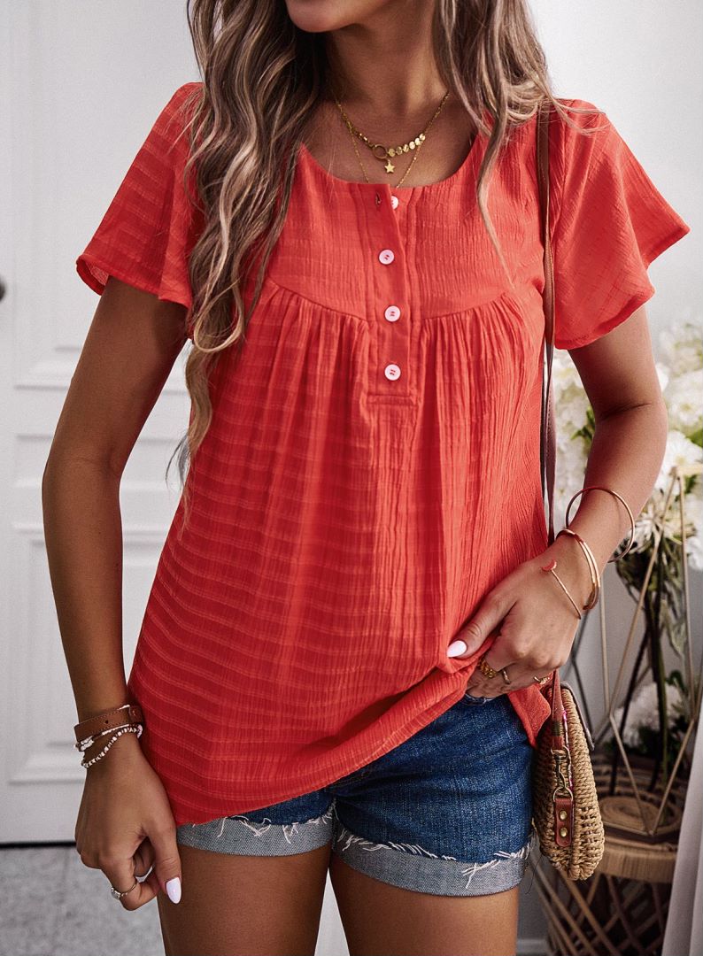 Round Neck Button Textured Top