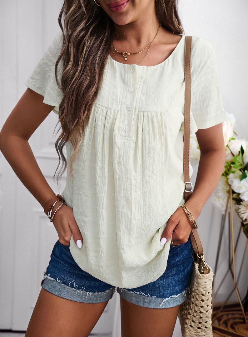 Round Neck Button Textured Top