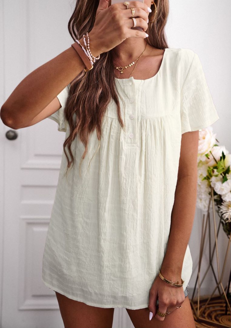 Round Neck Button Textured Top