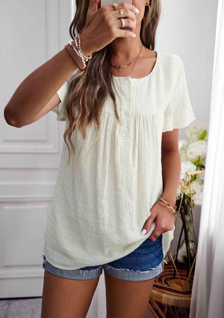 Round Neck Button Textured Top