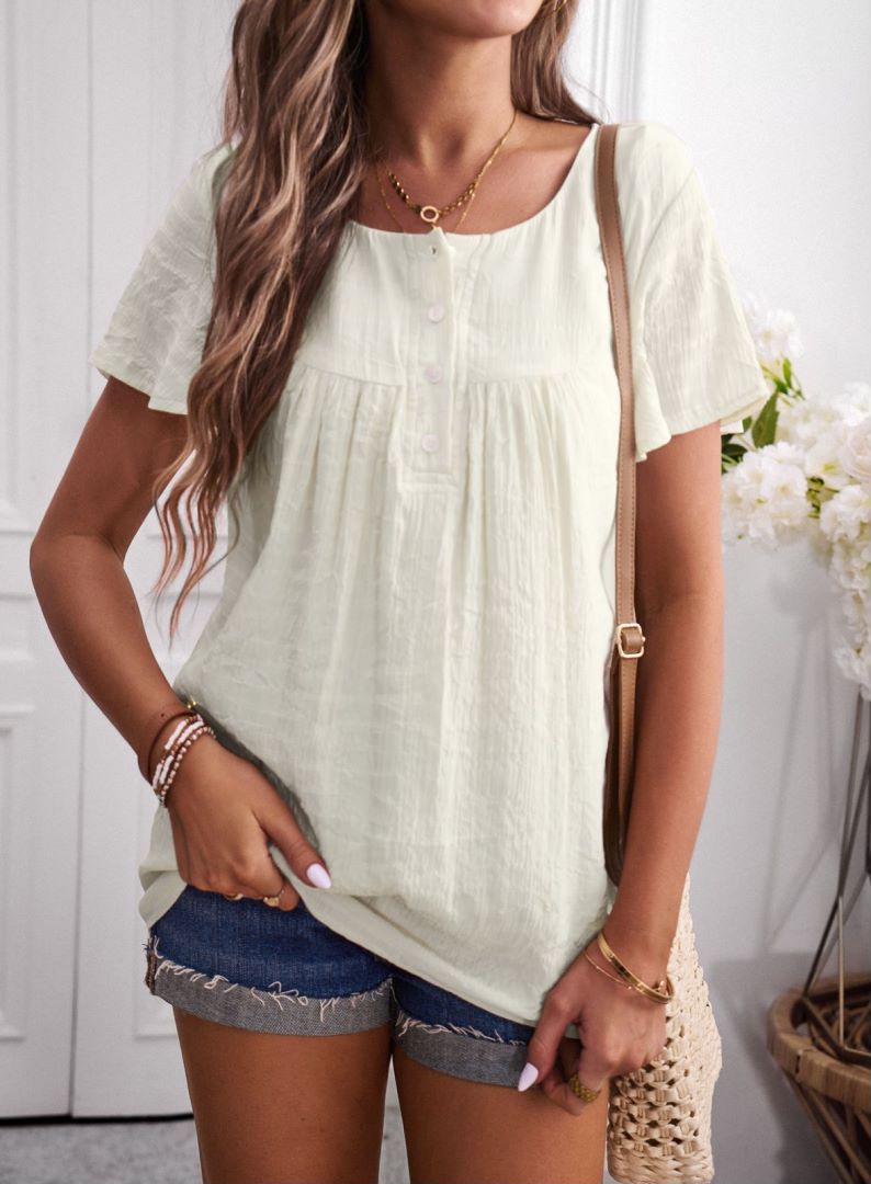 Round Neck Button Textured Top