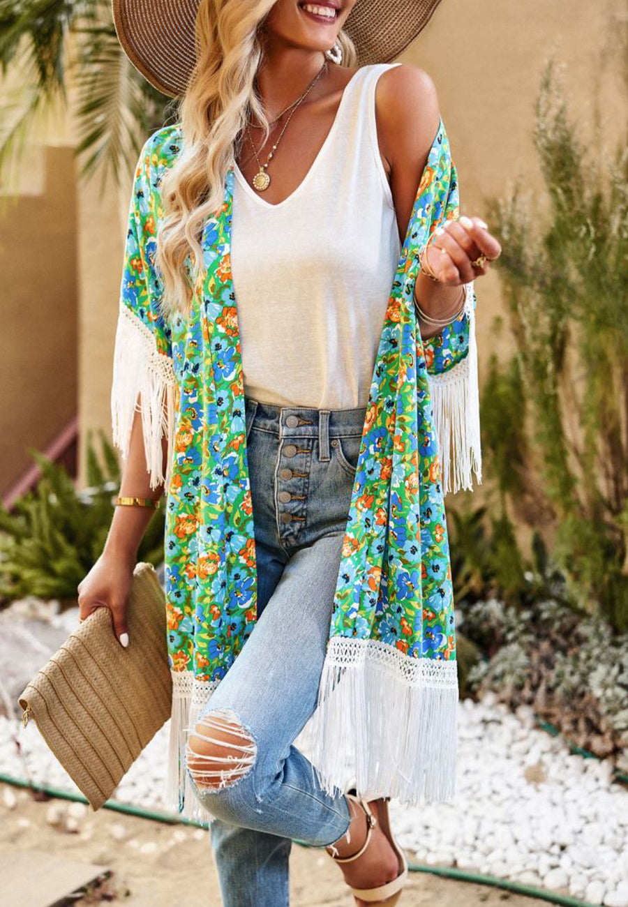 Kimono con borlas y estampado floral