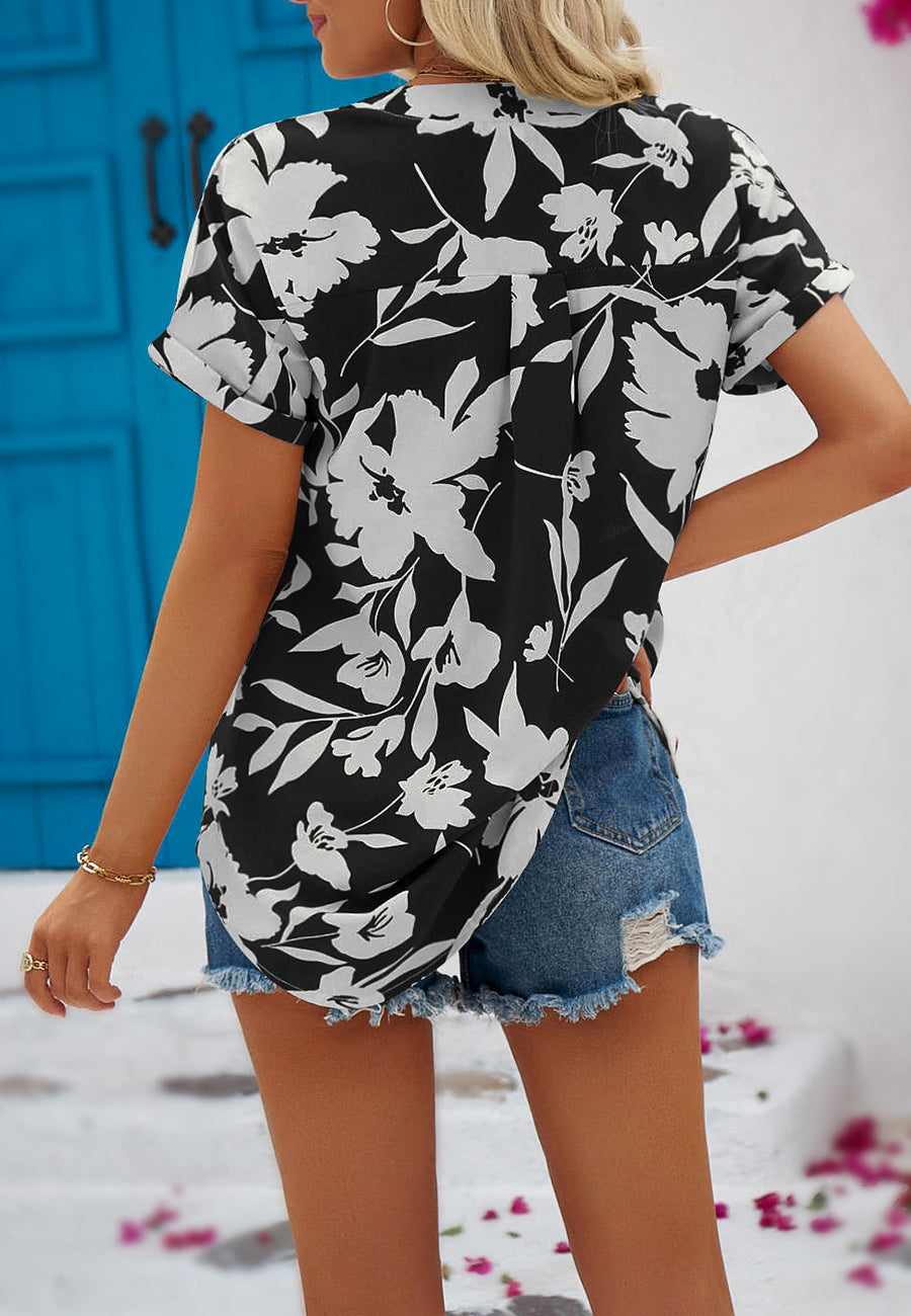 Tropical Floral Split V Neck Blouse