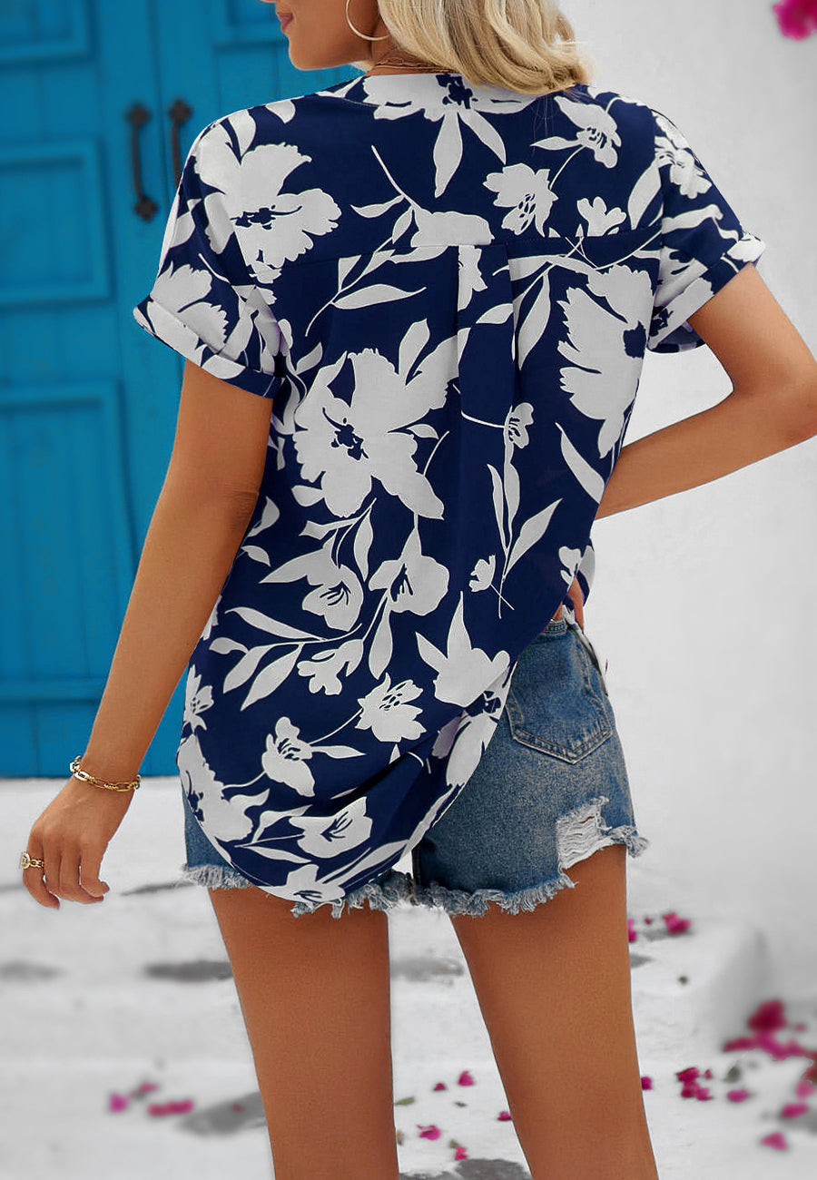 Tropical Floral Split V Neck Blouse