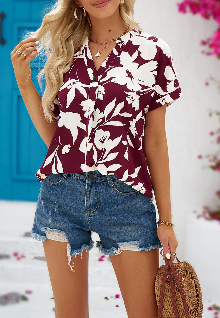 Tropical Floral Split V Neck Blouse