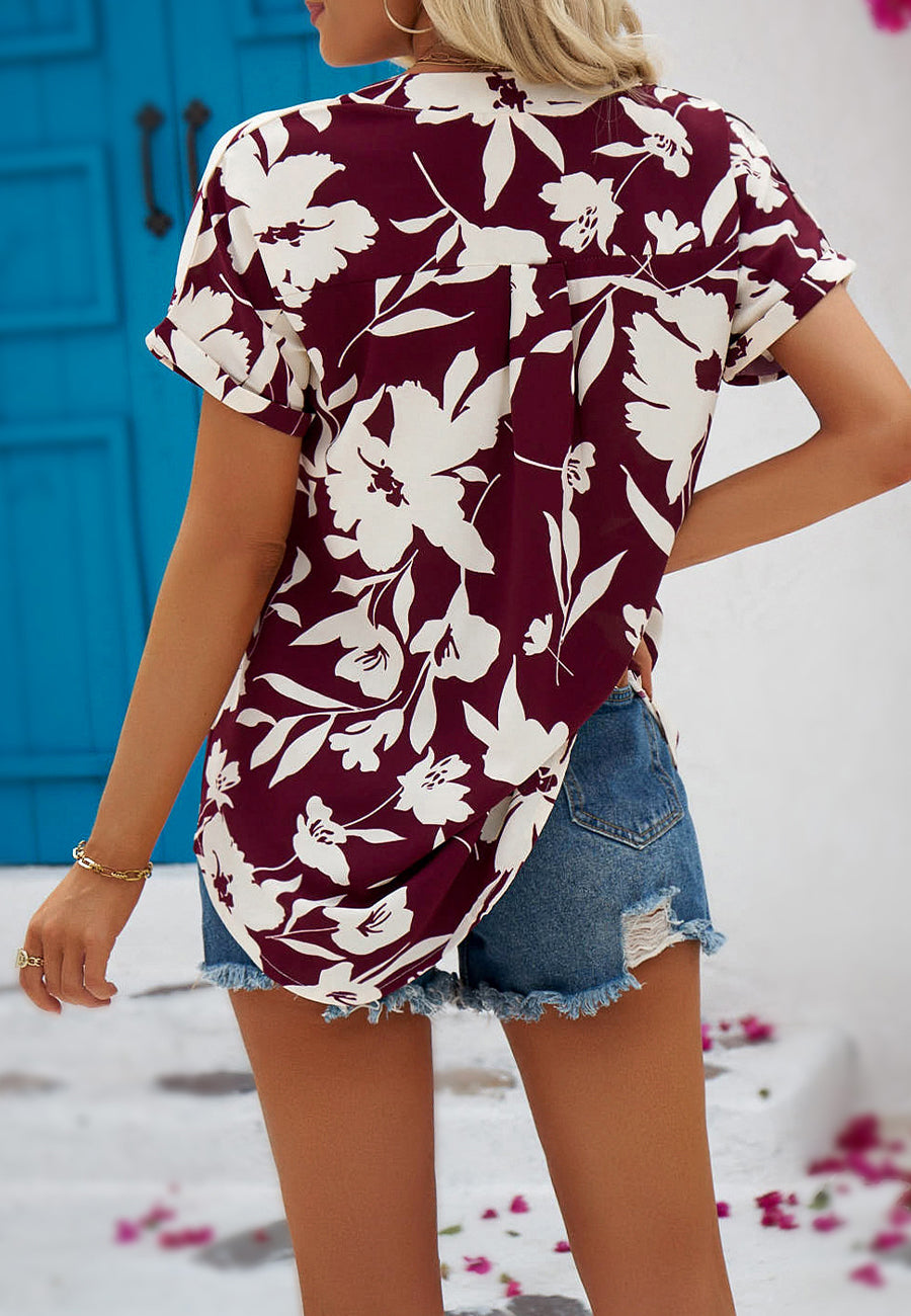 Tropical Floral Split V Neck Blouse