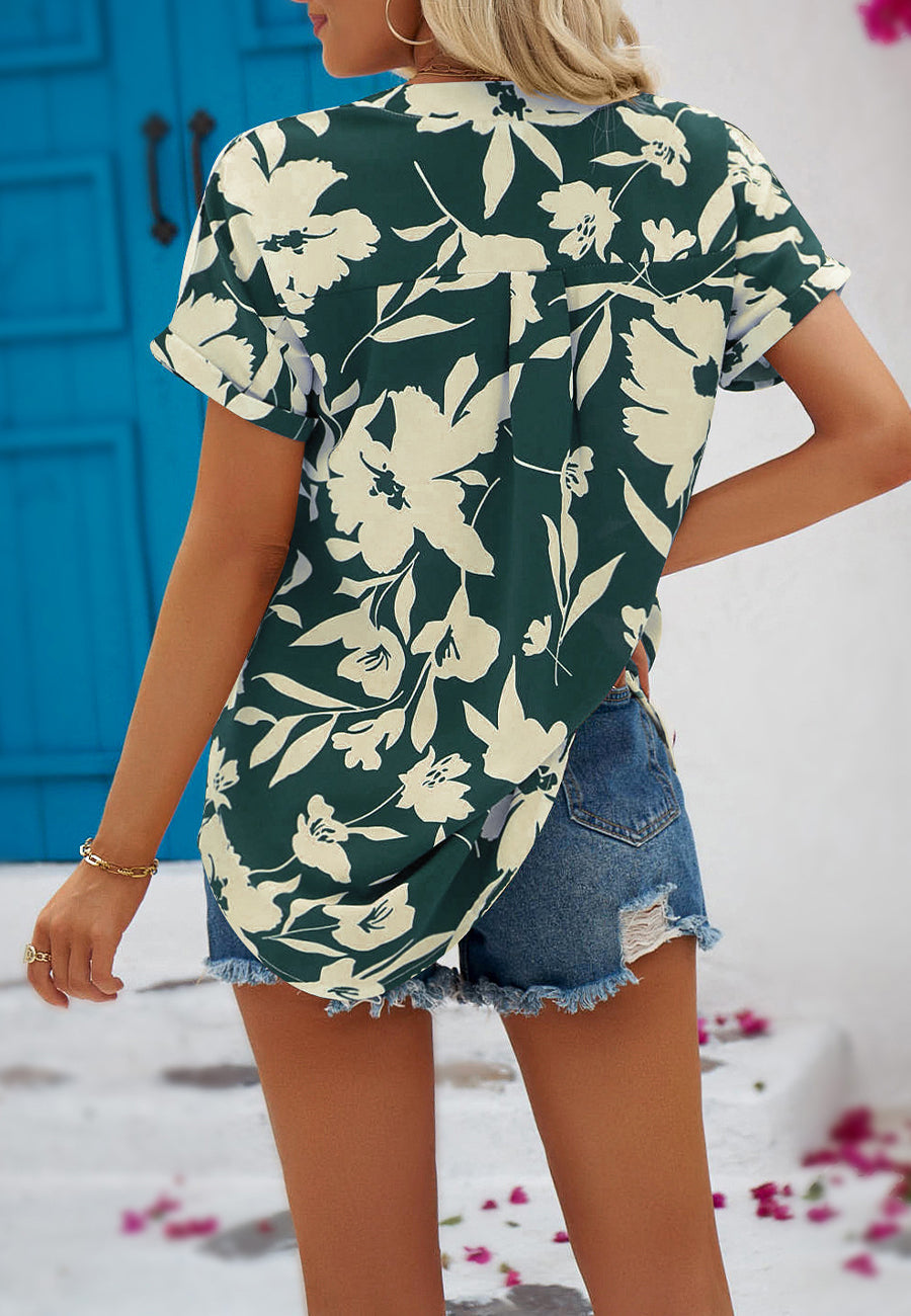 Tropical Floral Split V Neck Blouse