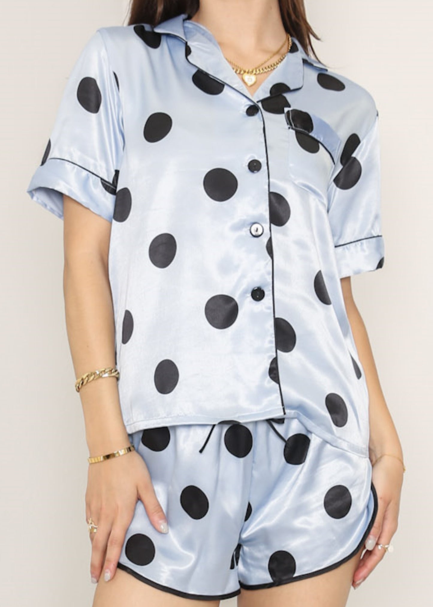 Anna-Kaci Lounge Women's Polka Dot Satin Pajama Set with Short Sleeve Button Top and Drawstring Shorts