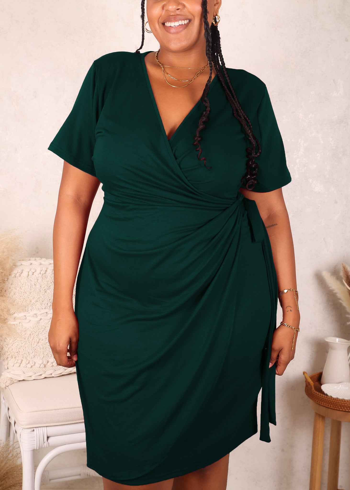 Plus Size Solid Color Ruched Wrap Dress for Women Knee Length Anna-Kaci Plus Size Solid Color Ruched Wrap Dress for Women Knee Length Anna-Kaci