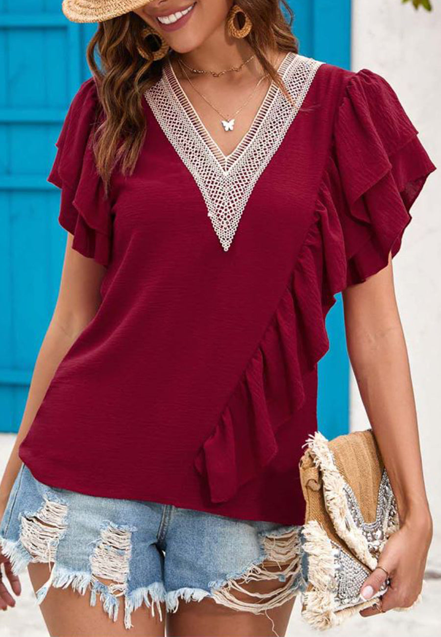 V Neck Ruffle Detail Blouse