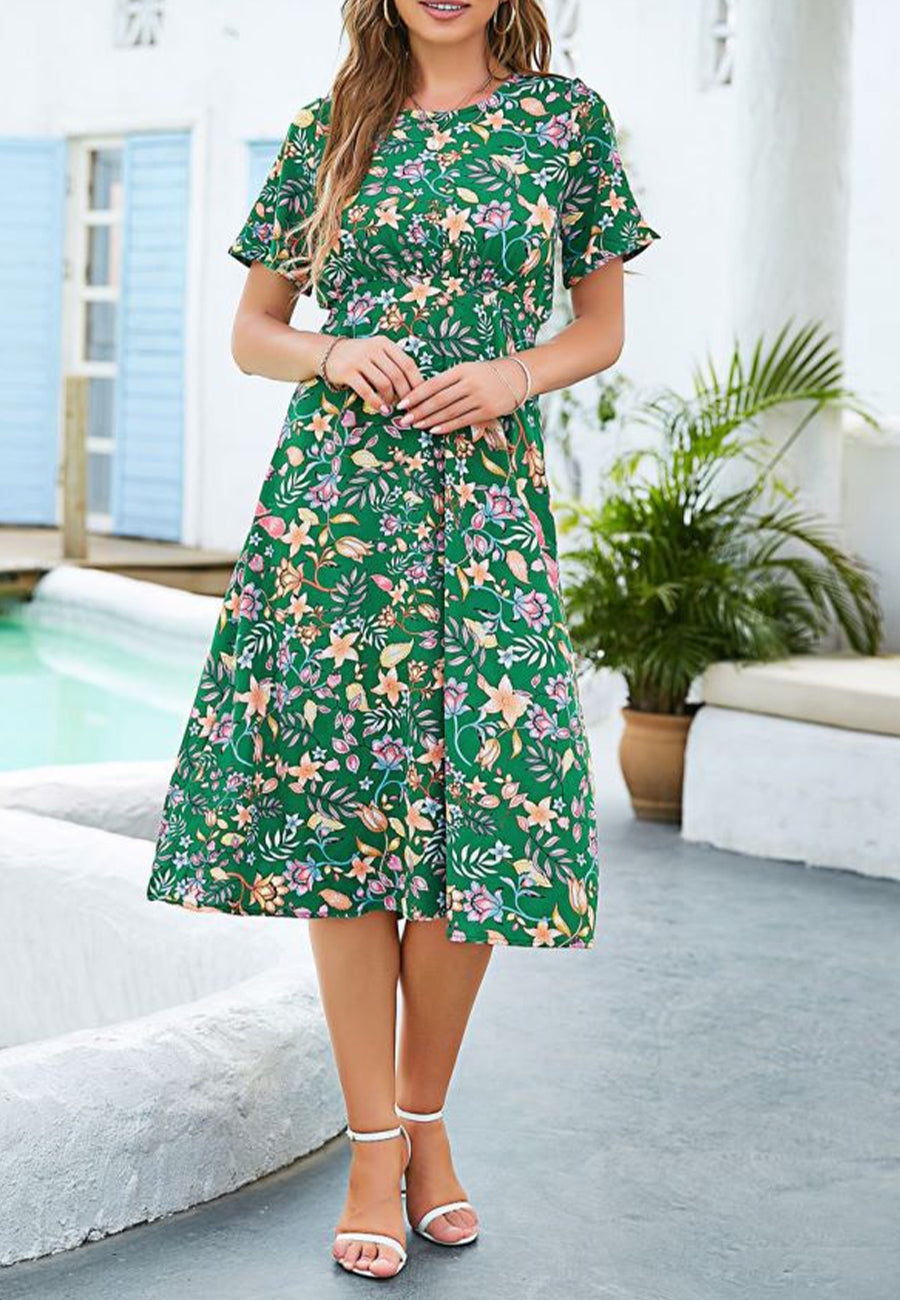 Vestido con estampado floral y cintura plisada