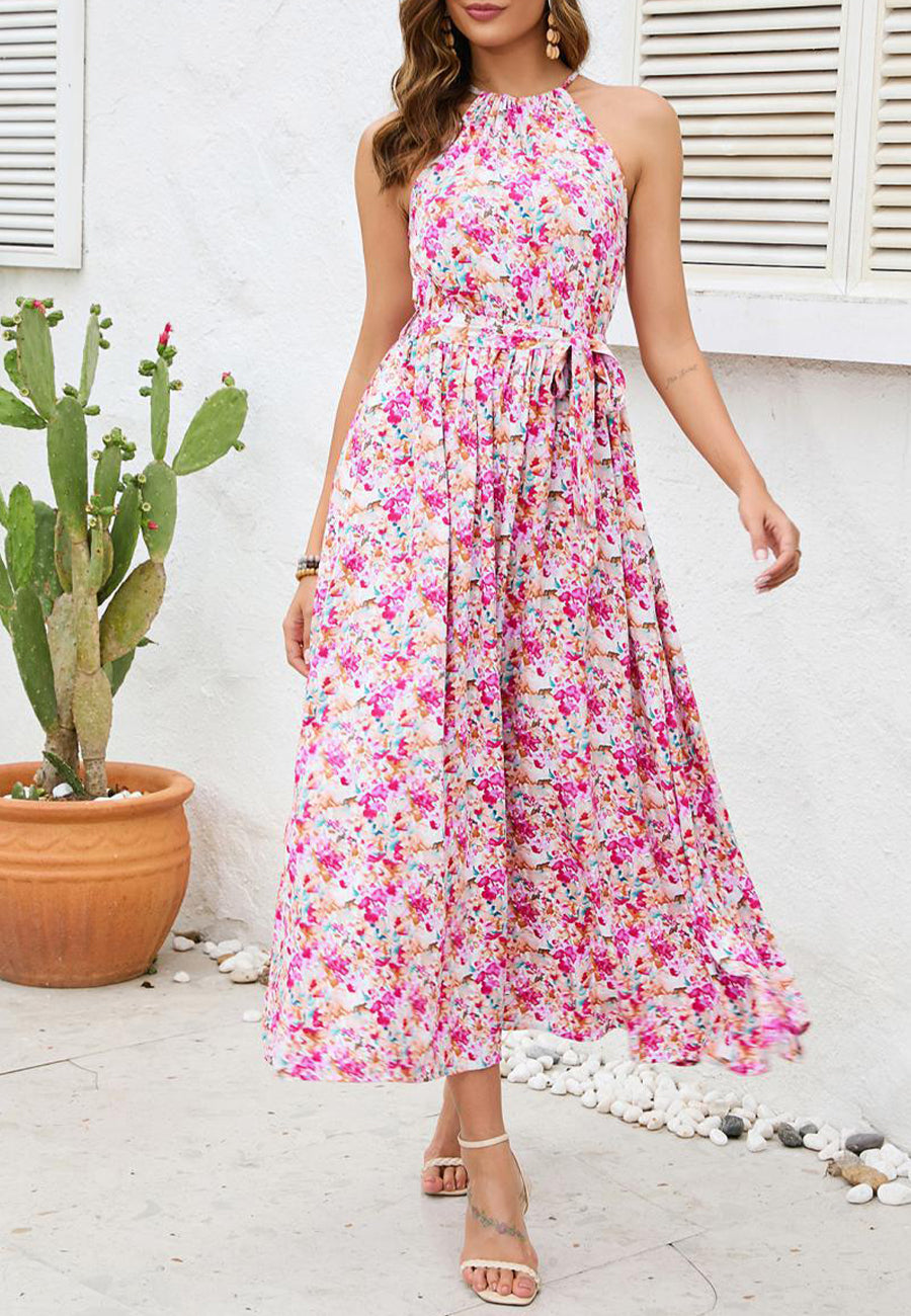 Halter Floral Print Tied Belt Waist Maxi Dress