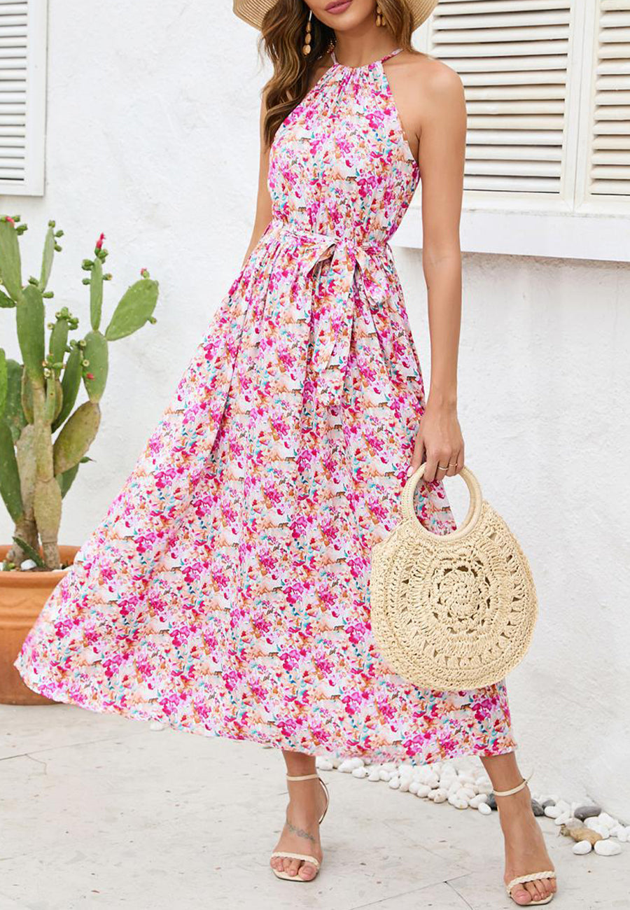 Halter Floral Print Tied Belt Waist Maxi Dress