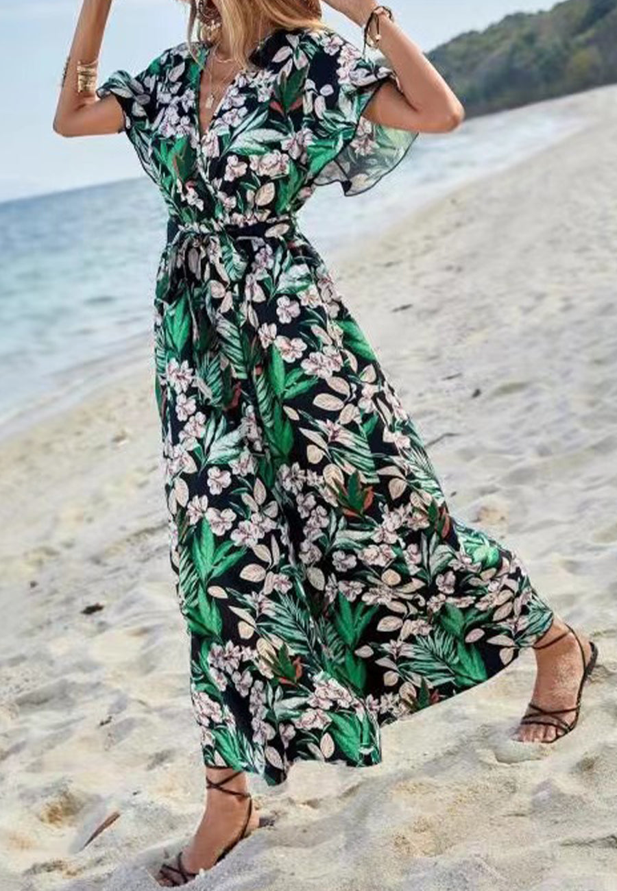 Tropical Floral Print Slit Dress
