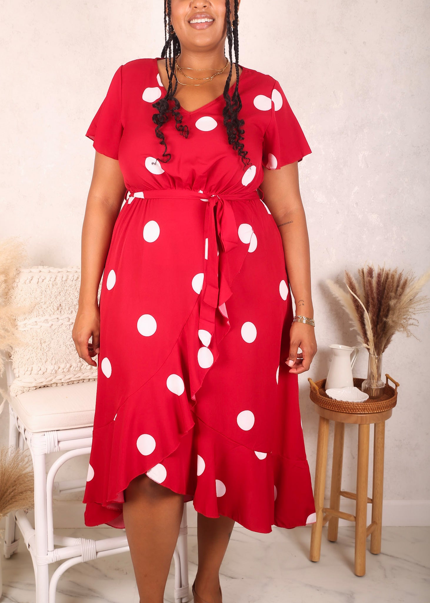 Plus Size Overlap Ruffle Hem Dress, Burgundy - Plus-1X-14W-16W / Burgundy Plus Size Overlap Ruffle Hem Dress, Burgundy - Plus-1X-14W-16W / Burgundy