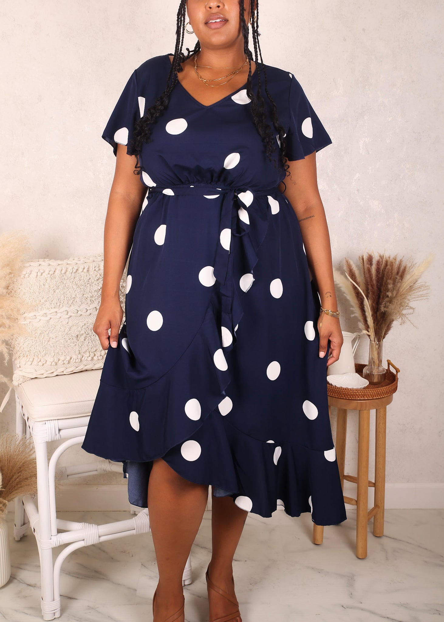 Plus Size V Neck Short Sleeve Overlap Ruffle Hem Dress for Women Anna-Kaci Plus Size V Neck Short Sleeve Overlap Ruffle Hem Dress for Women Anna-Kaci