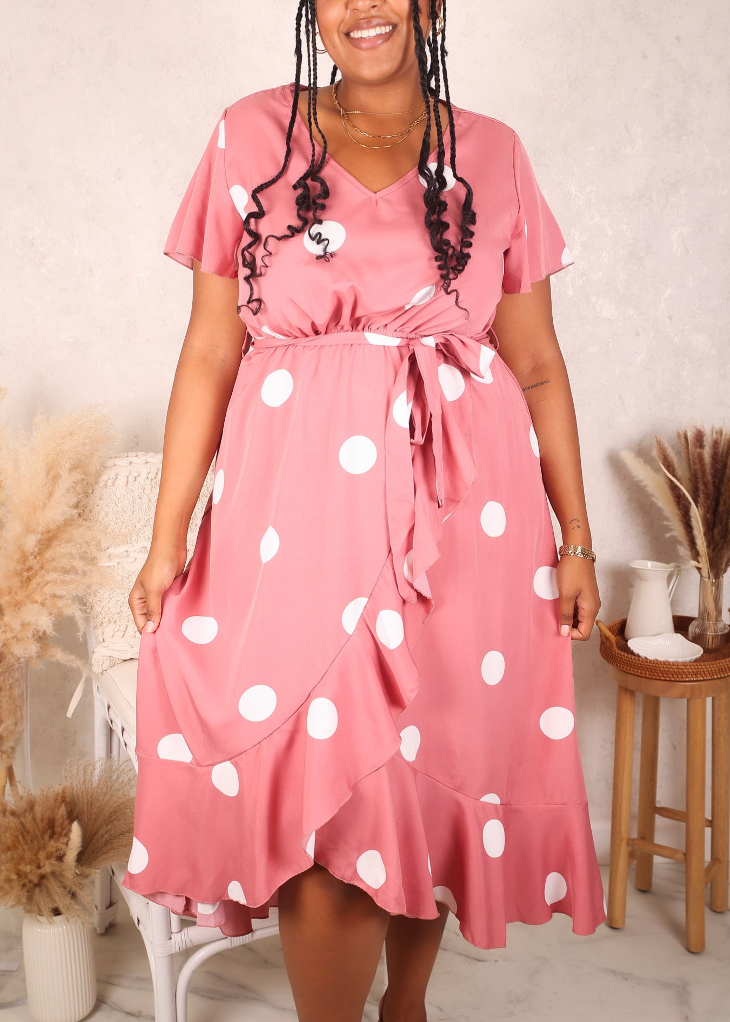 pink polka dot dress womens Plus Size Overlap Ruffle Hem Dress, Pink