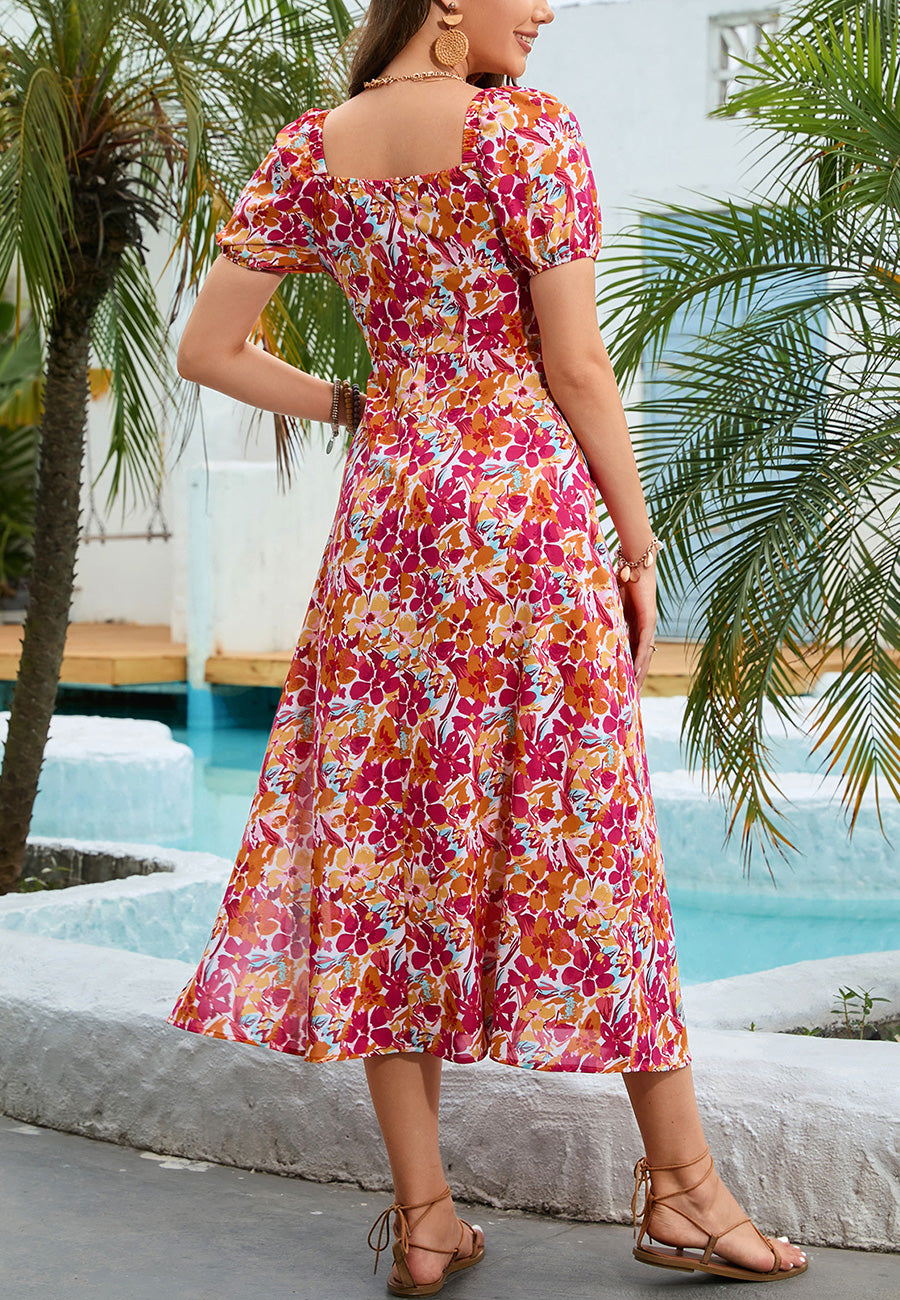 Crimson Flora Drawstring Neck Dress