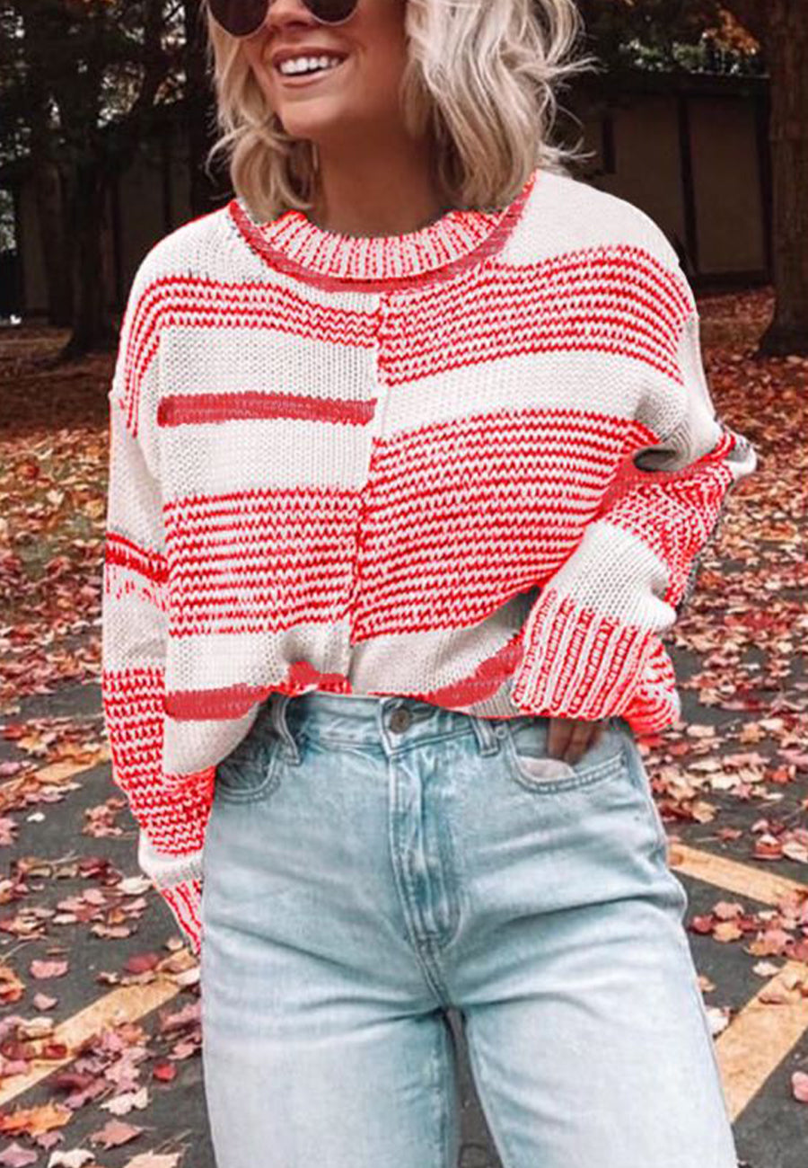 Multi-Striped Textured Drop Shoulder Sweater