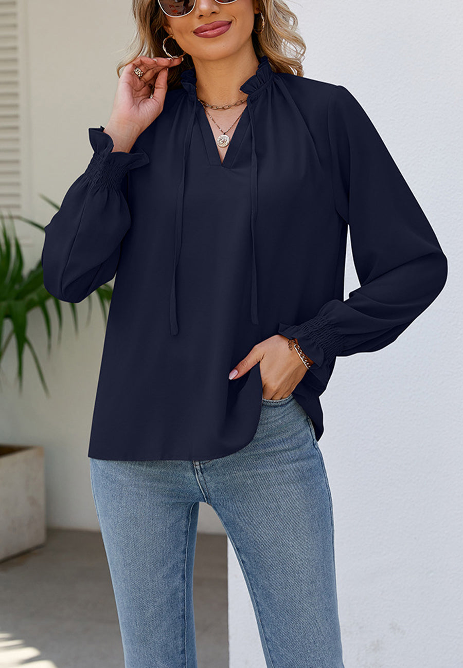 Solid Ruffle Tie Neck Blouse