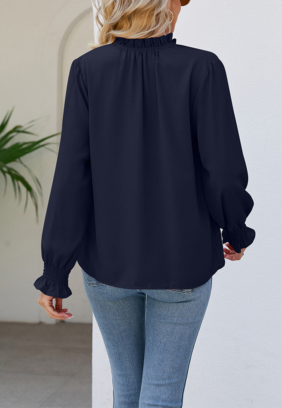 Solid Ruffle Tie Neck Blouse