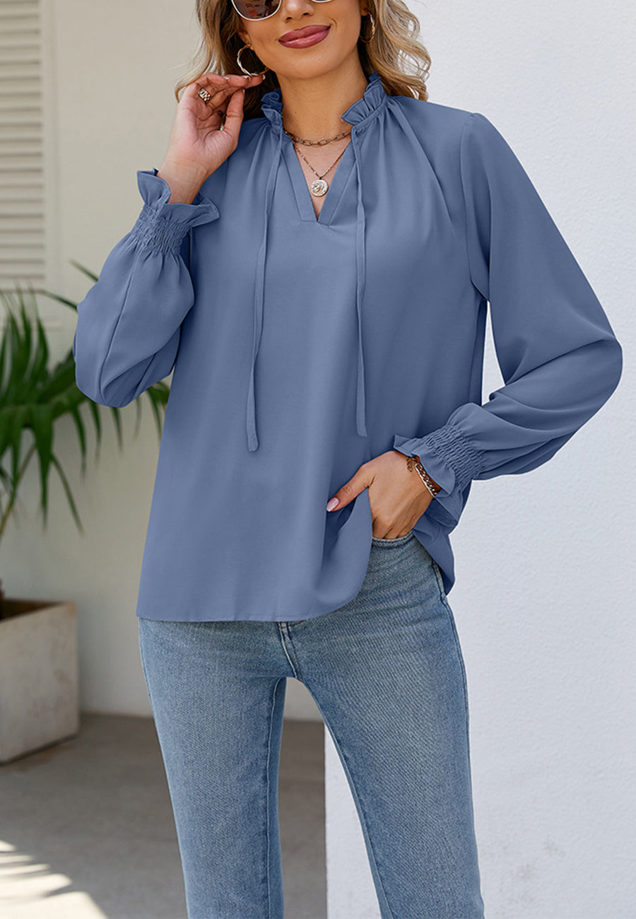 Solid Ruffle Tie Neck Blouse