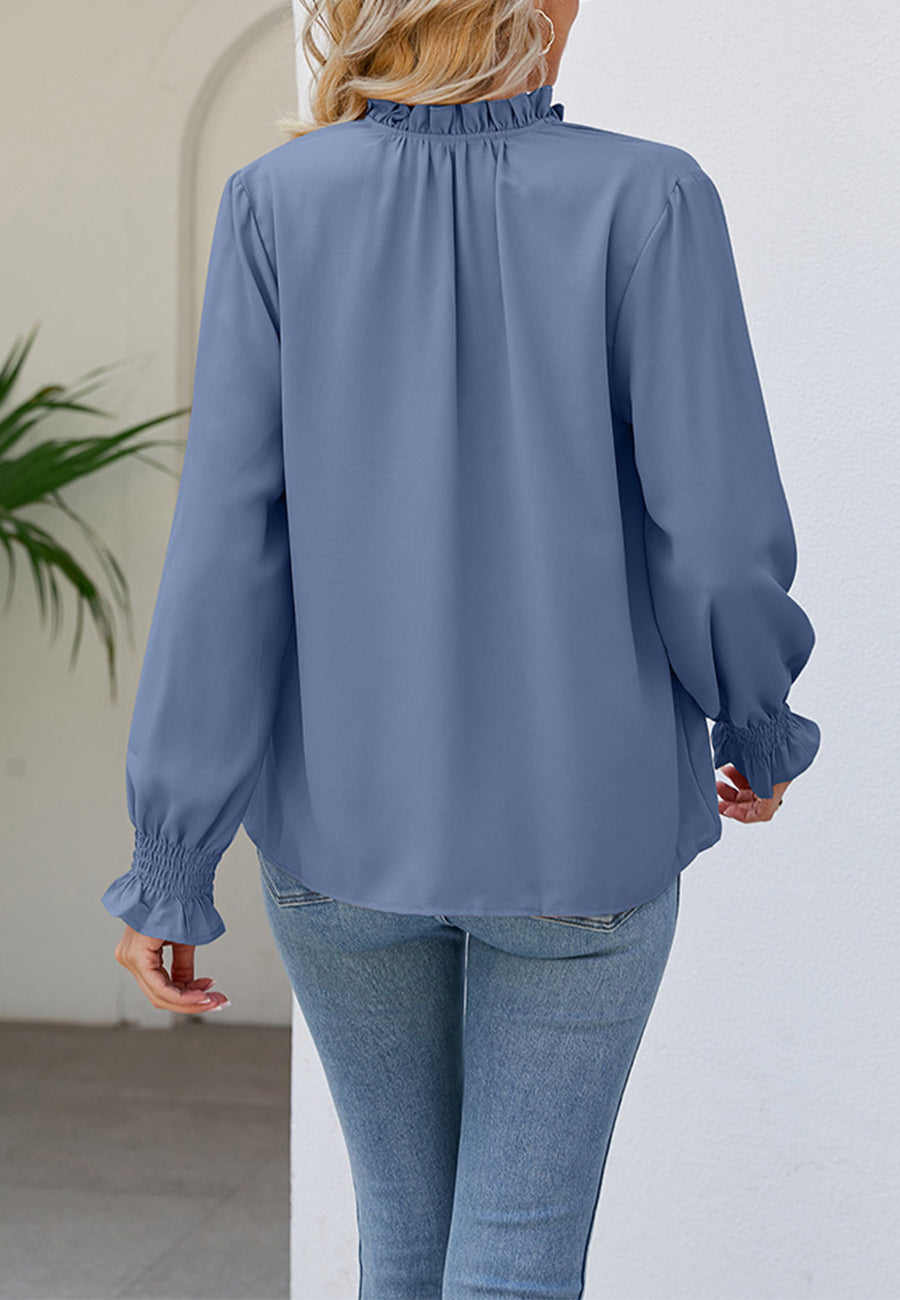 Solid Ruffle Tie Neck Blouse