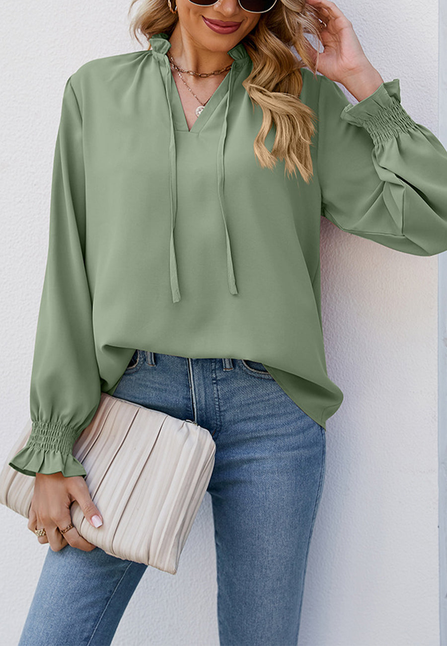 Solid Ruffle Tie Neck Blouse