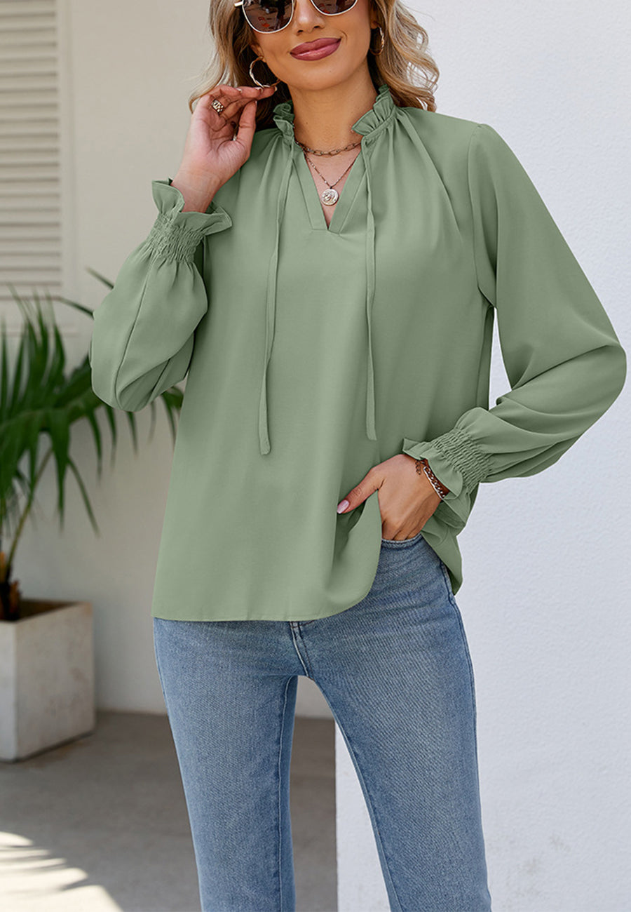 Solid Ruffle Tie Neck Blouse