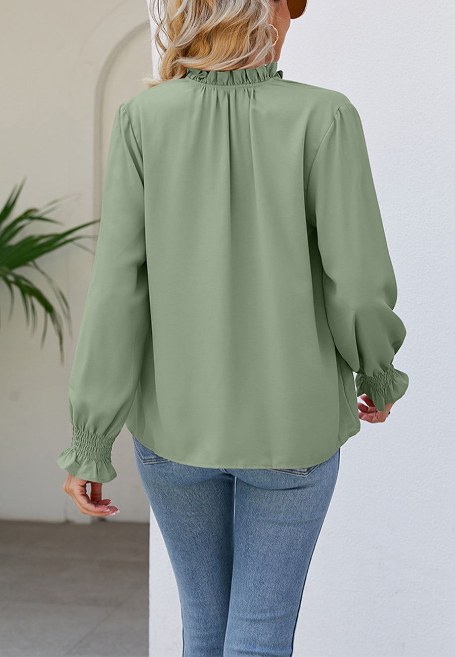 Solid Ruffle Tie Neck Blouse