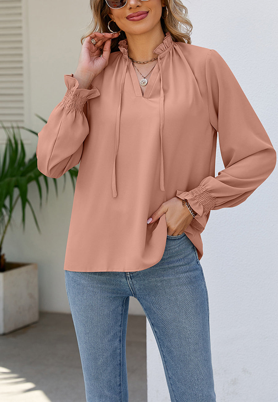 Solid Ruffle Tie Neck Blouse
