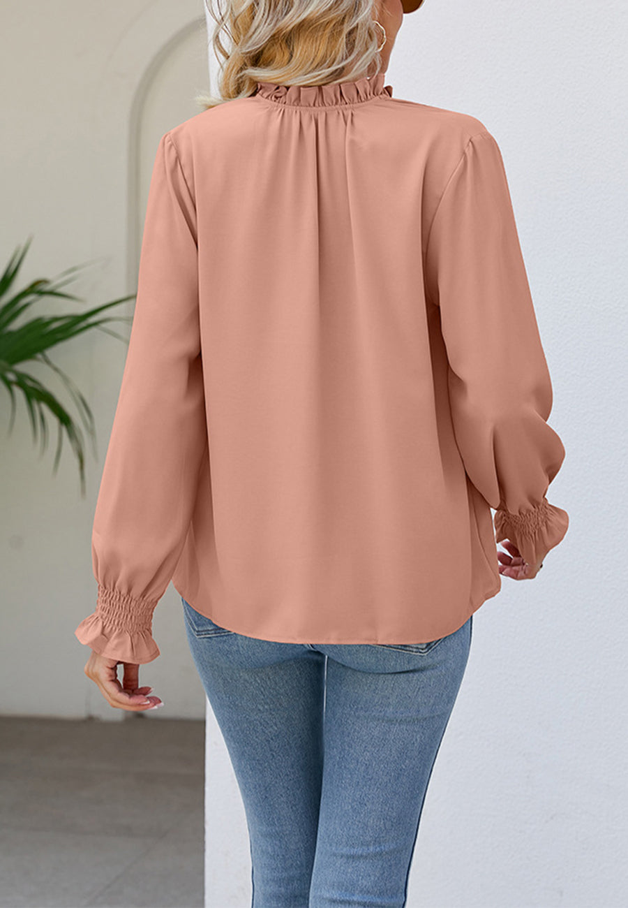 Solid Ruffle Tie Neck Blouse