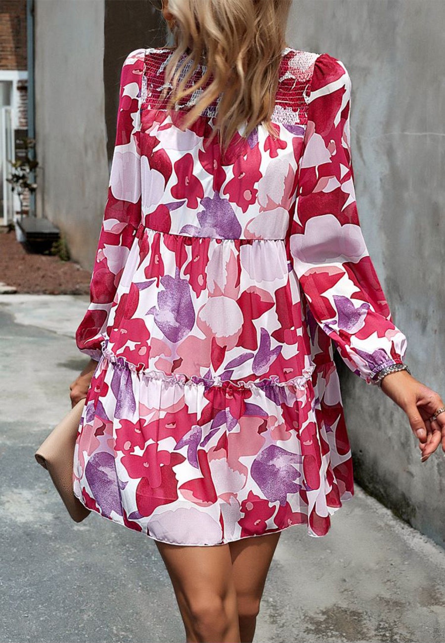 Floral Pattern Shirred Neck Dress