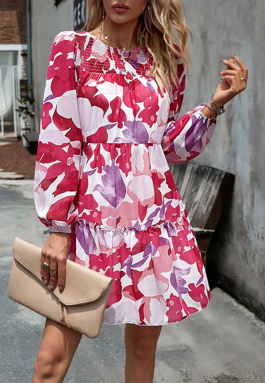 Floral Pattern Shirred Neck Dress