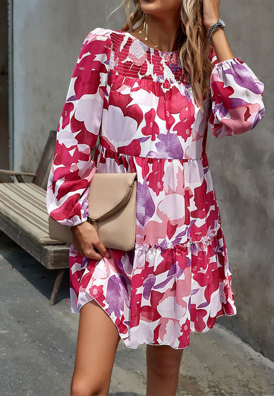Floral Pattern Shirred Neck Dress