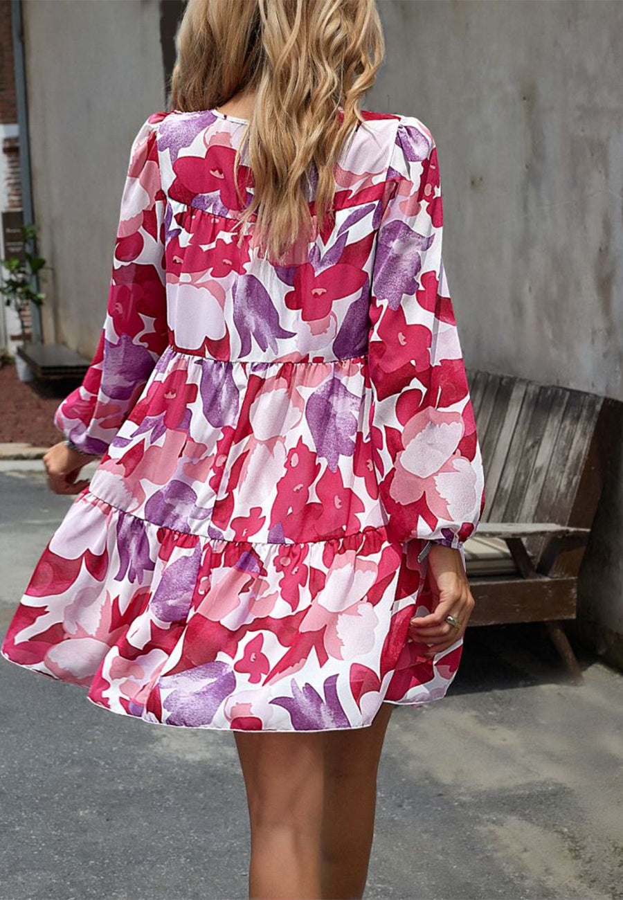 Floral Pattern Shirred Neck Dress