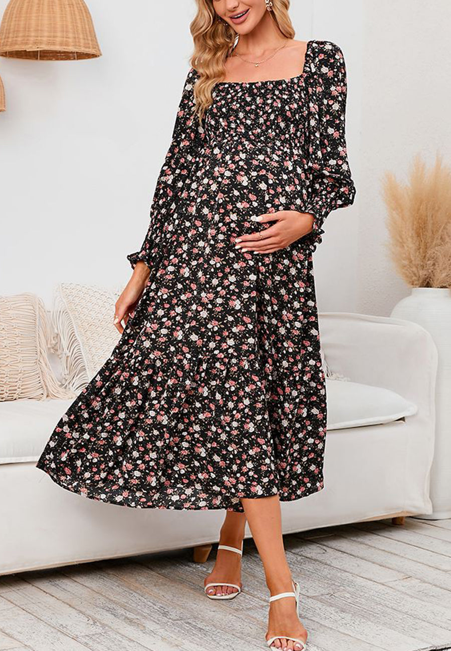 Square Neck Long Sleeve Midi Dress