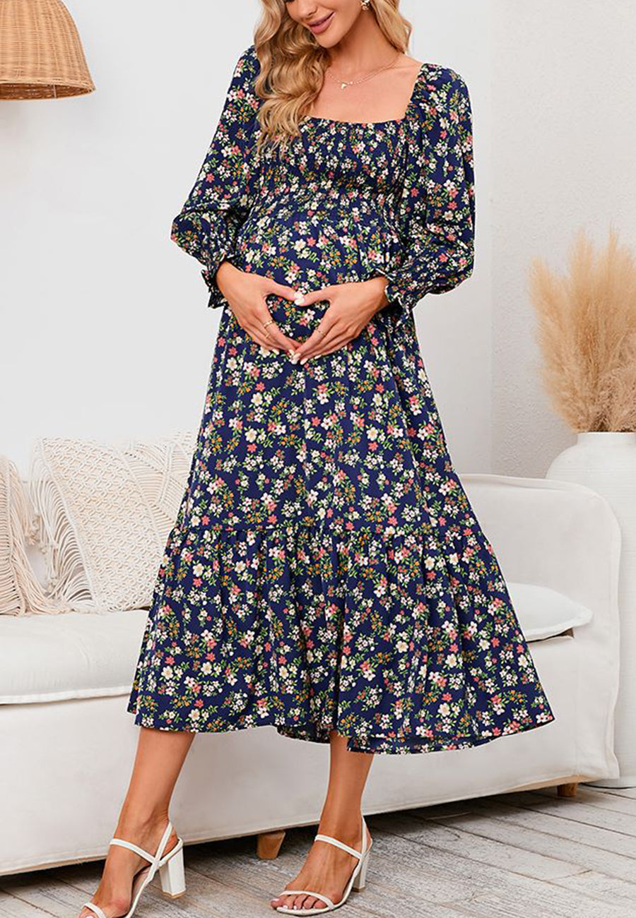 Square Neck Long Sleeve Midi Dress