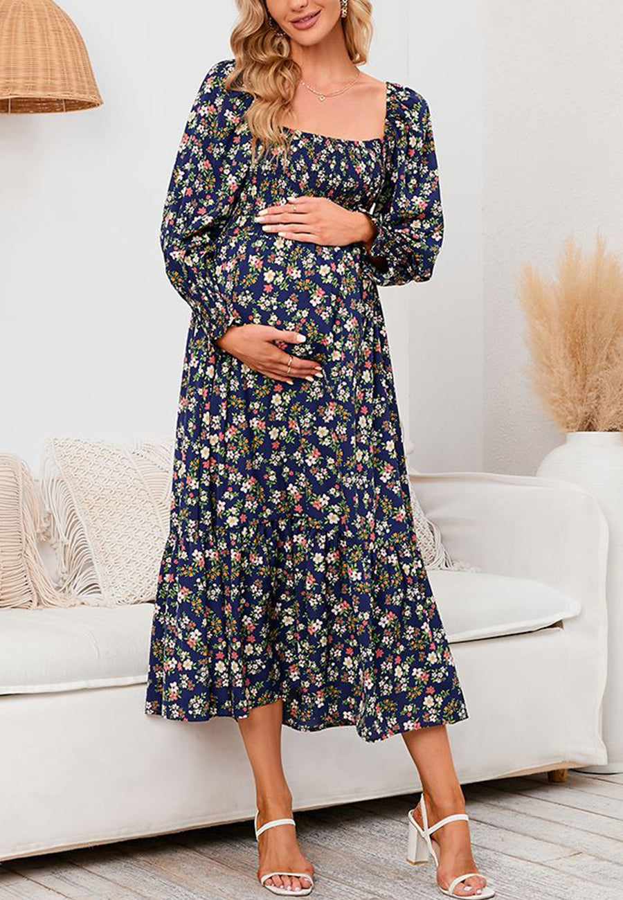 Square Neck Long Sleeve Midi Dress