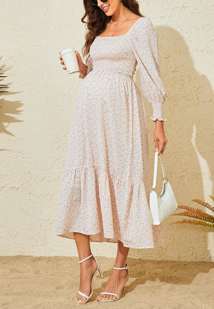 Square Neck Long Sleeve Midi Dress