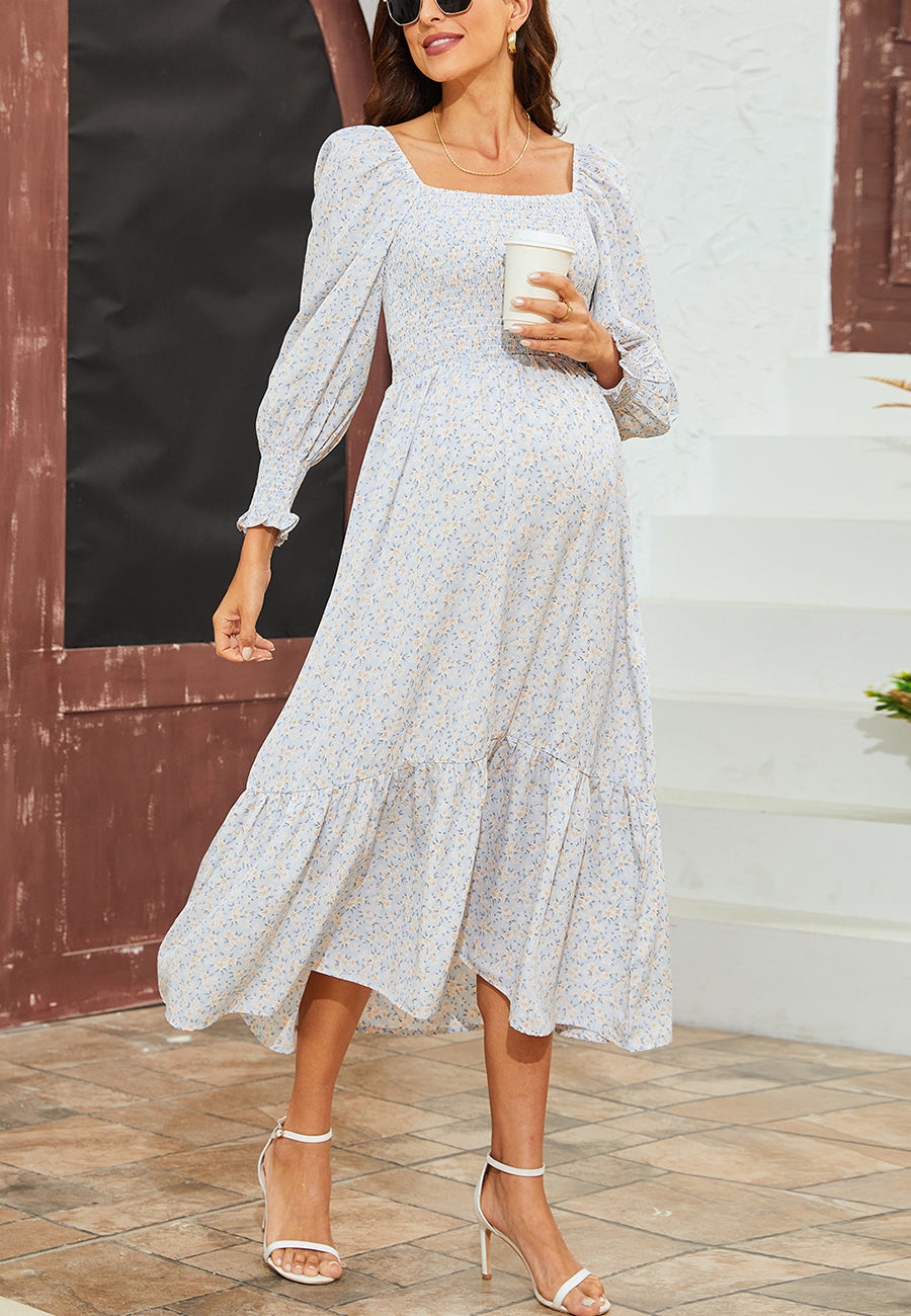 Square Neck Long Sleeve Midi Dress