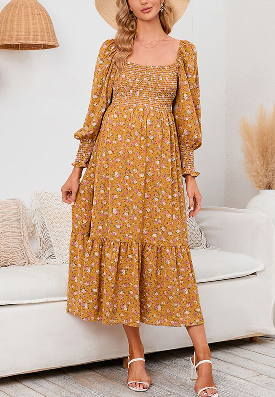 Square Neck Long Sleeve Midi Dress