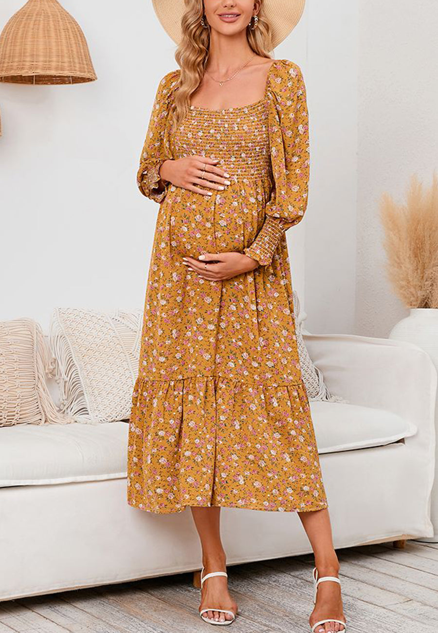 Square Neck Long Sleeve Midi Dress