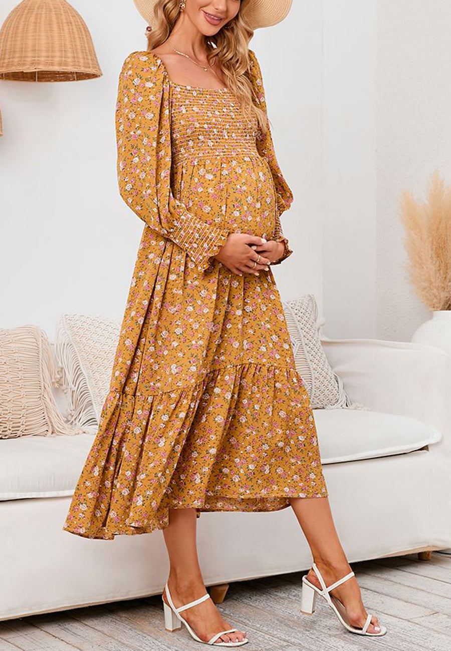 Square Neck Long Sleeve Midi Dress