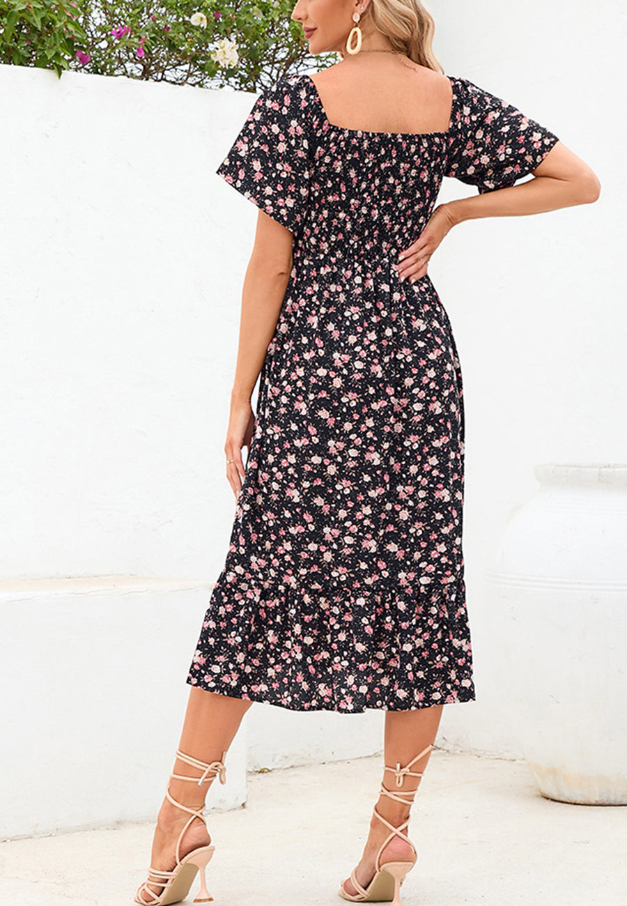 Floral Shirred Short Sleeve Dress
