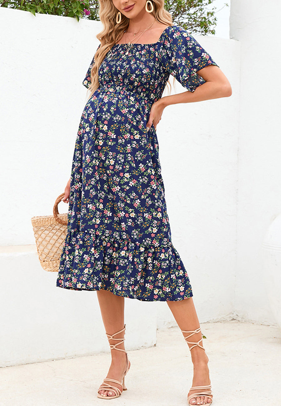 Floral Shirred Short Sleeve Dress