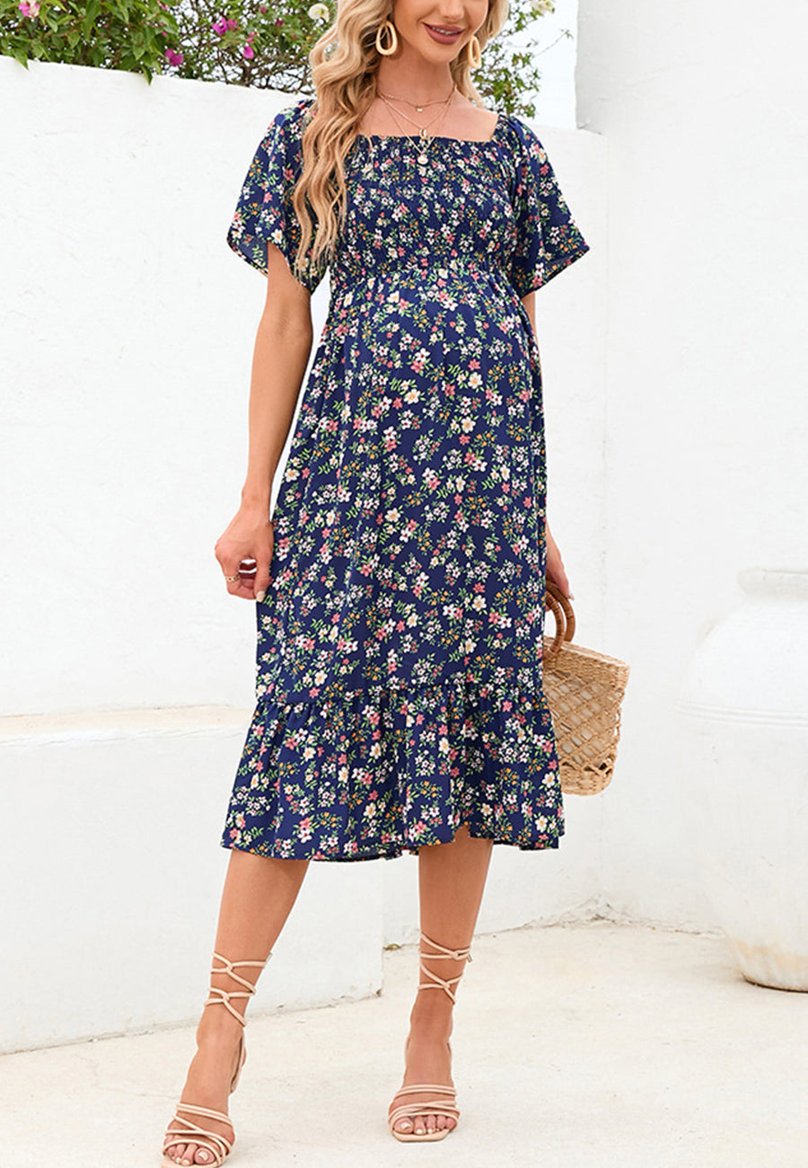 Floral Shirred Short Sleeve Dress