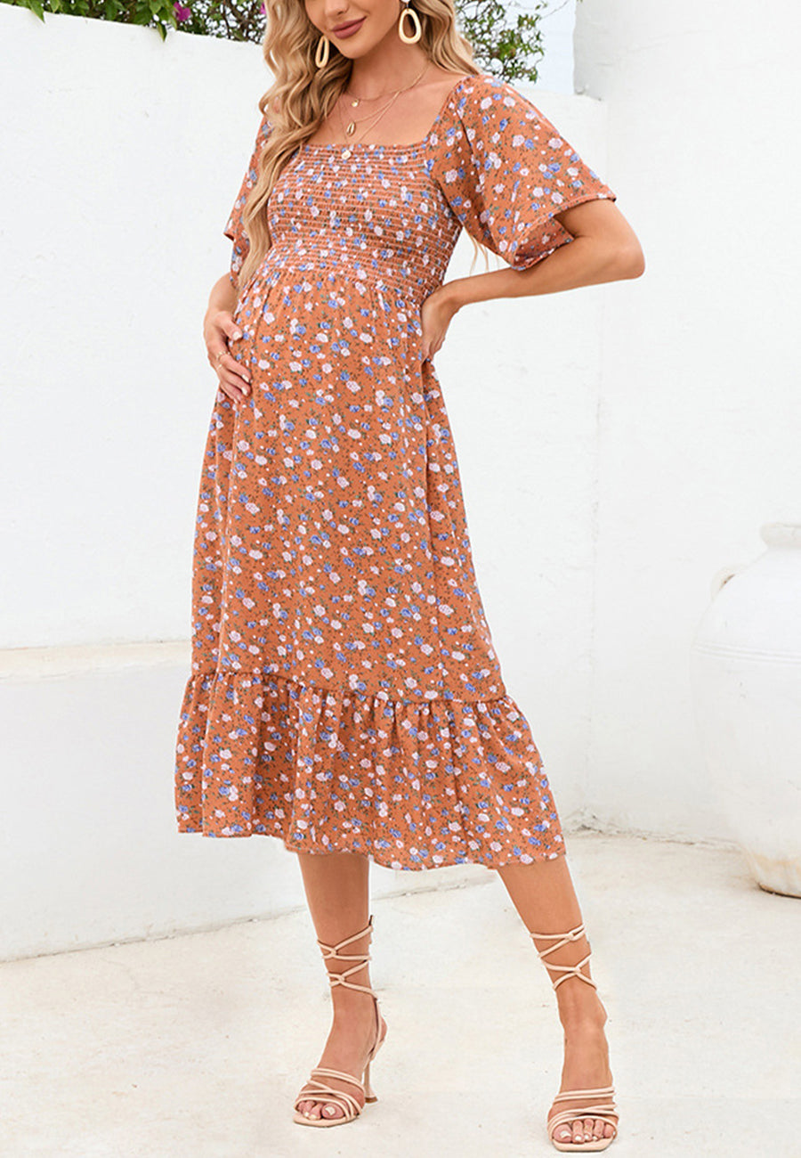 Floral Shirred Short Sleeve Dress
